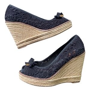 Tory Burch Jackie Espadrille Black Pep Toe Wedge Sandal